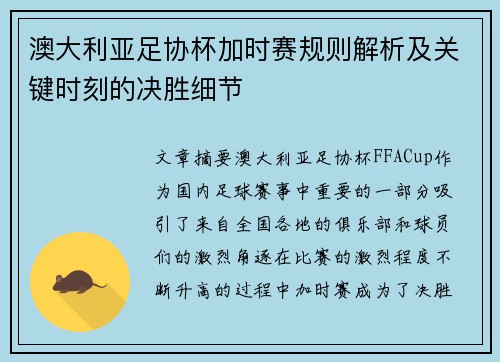 澳大利亚足协杯加时赛规则解析及关键时刻的决胜细节